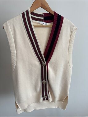 Mango Cream V-Neck Sweater Vest with Burgundy and Black Stripe Trim